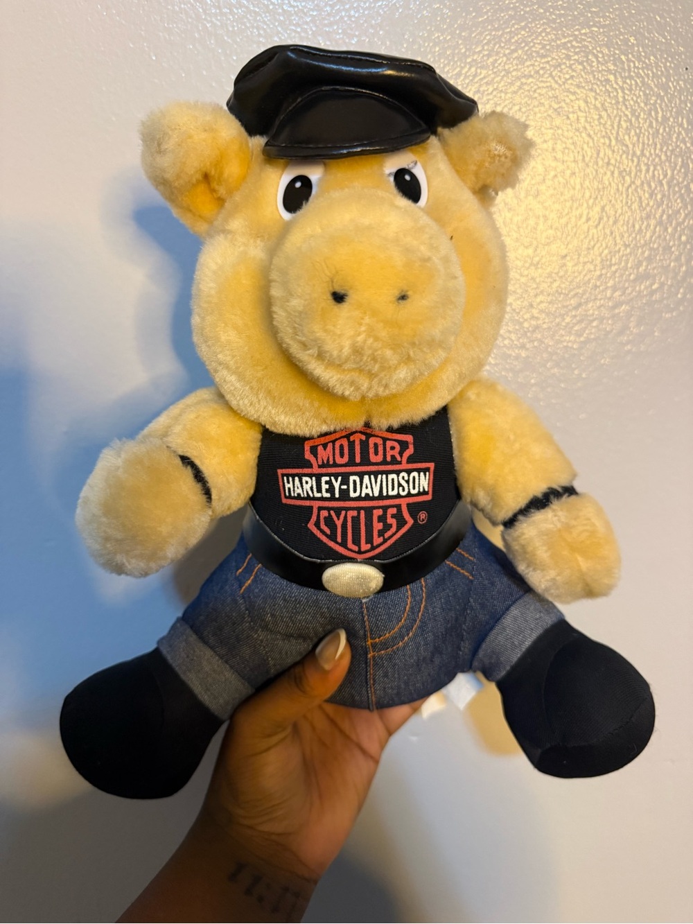 Harley-Davidson Yellow Plush Pig with Denim Outfit and Black Hat